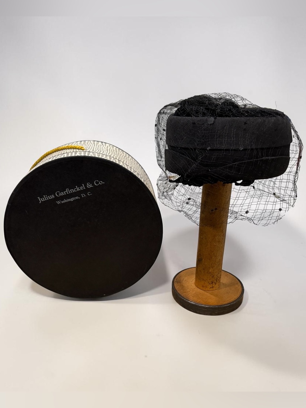 Vintage Julius Garfinckel Black Veiled Pillbox Hat and Hatbox